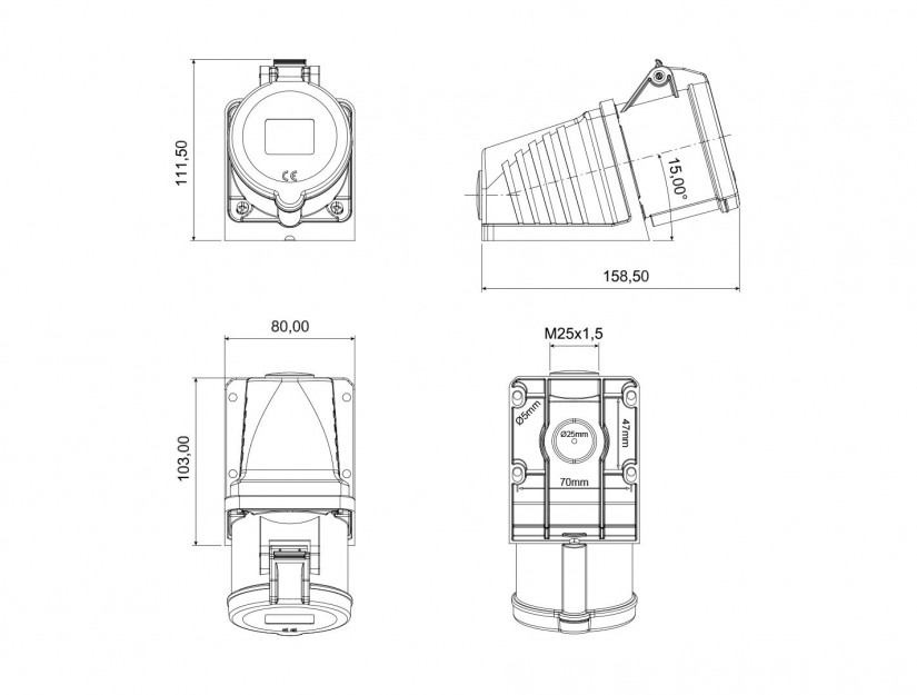 Ổ cắm nổi bẻ góc 90° IP44 BEMIS, 3x32A (2P+E), 220V 50/60 Hz, 6h