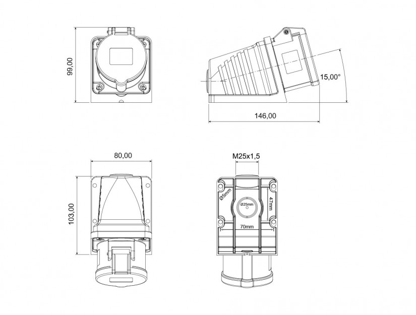 Ổ cắm nổi bẻ góc 90° IP44 BEMIS, 5x16A (3P+N+E), 380V 50/60 Hz, 6h