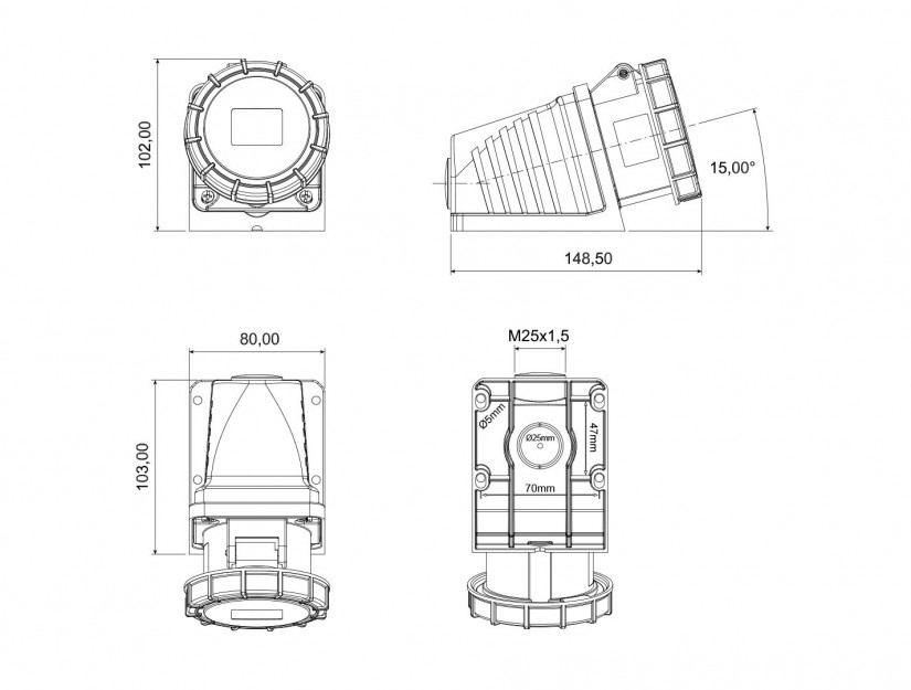 Ổ cắm nổi bẻ góc 90° IP67 BEMIS, 5x16A (3P+N+E), 380V 50/60 Hz, 6h