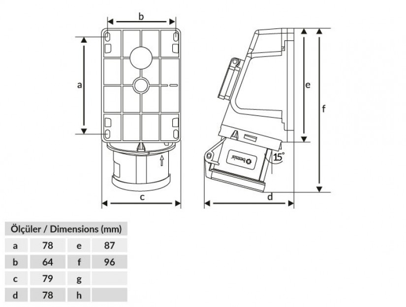 Ổ cắm nổi bẻ góc 90° có ổ cắm phụ IP44, 3x32A (2P+E), 220V 50/60 Hz, 6h