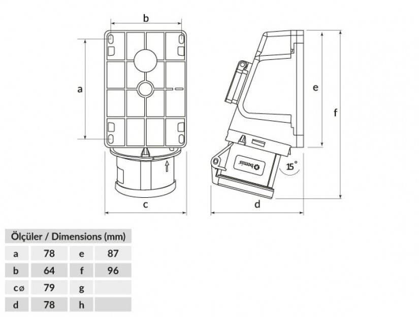 Ổ cắm nổi bẻ góc 90° có ổ cắm phụ IP44 BEMIS, 4x32A (3P+E), 380V 50/60 Hz, 6h