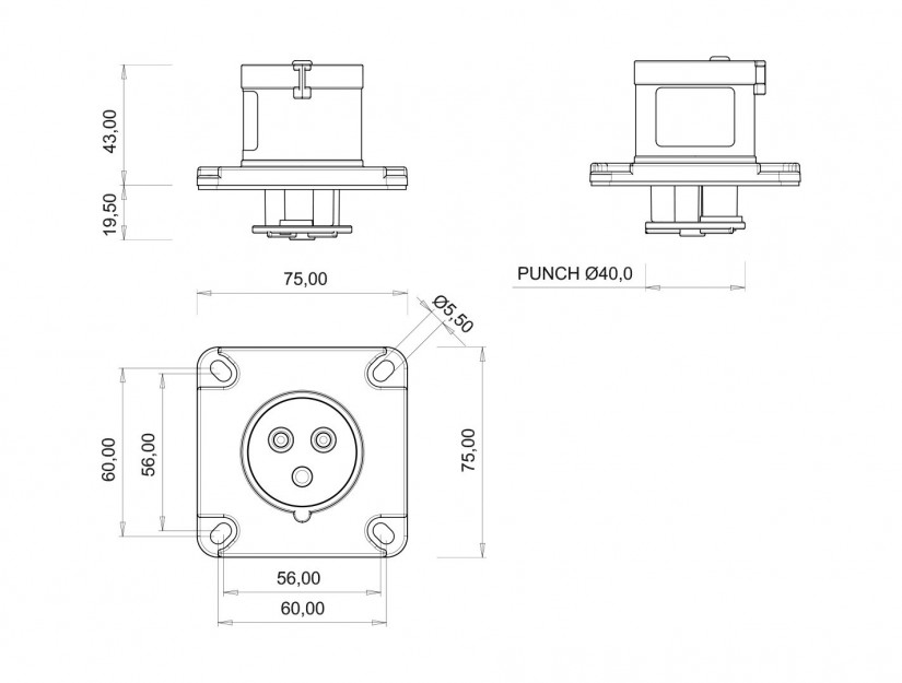 Phích cắm âm IP44 BEMIS, 3x16A (2P+E), 220V 50/60 Hz, 6h