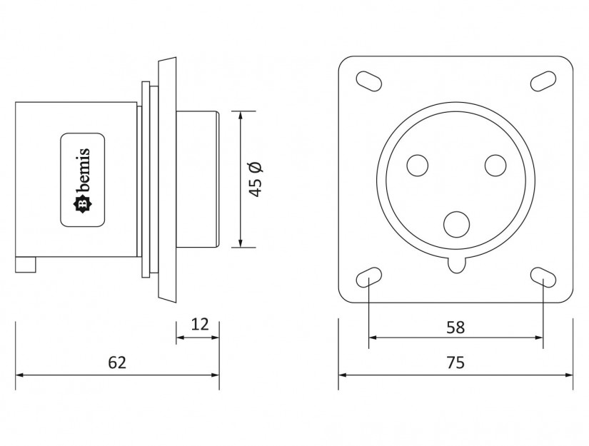 Phích cắm âm IP44 BEMIS, 3x32A (2P+E), 220V 50/60 Hz, 6h