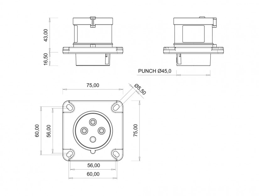 Phích cắm âm IP44 BEMIS, 4x16A (3P+E), 380V 50/60 Hz, 6h