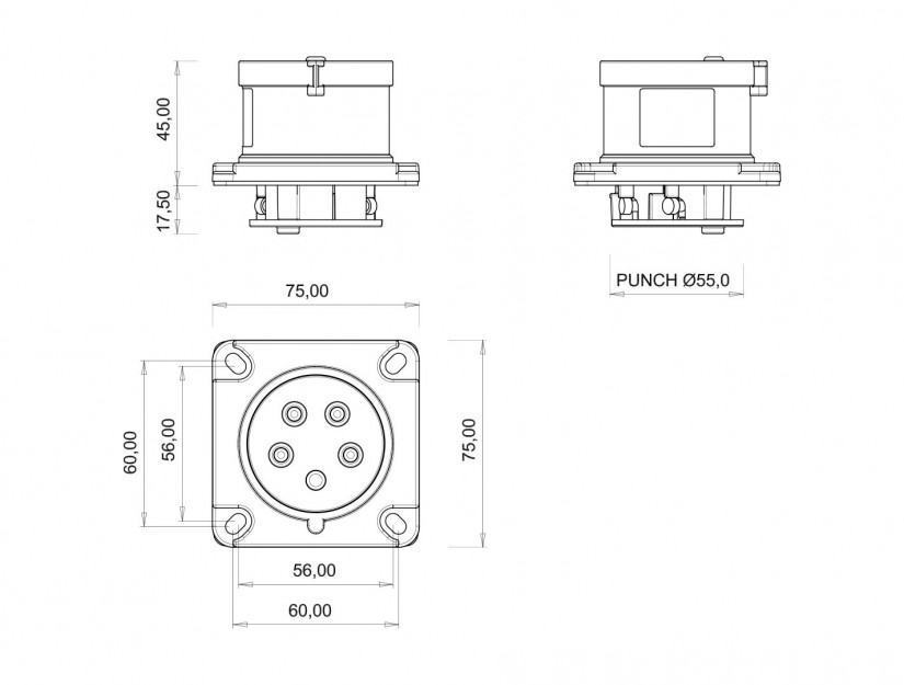 Phích cắm âm IP44 BEMIS, 5x16A (3P+N+E), 380V 50/60 Hz, 6h