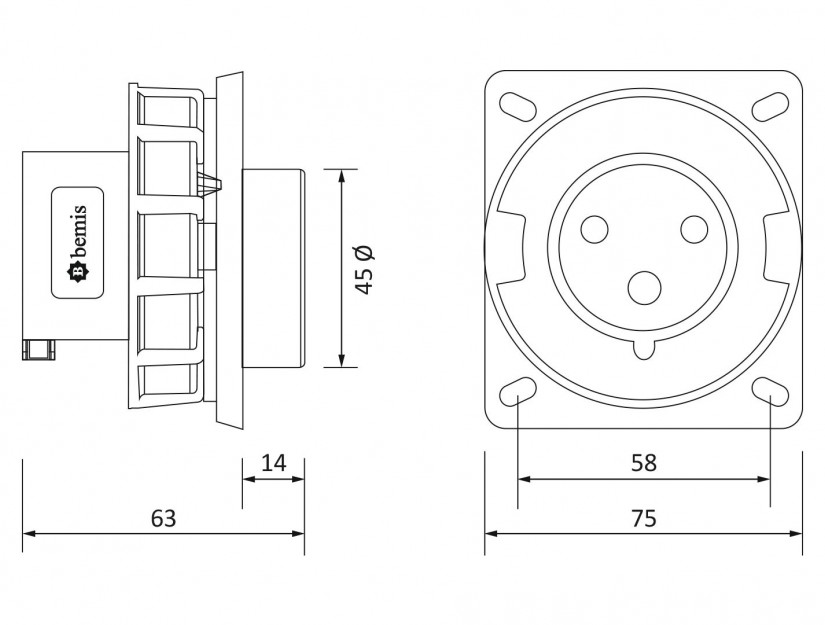 Phích cắm âm IP67 BEMIS, 3x16A (2P+E), 220V 50/60 Hz, 6h