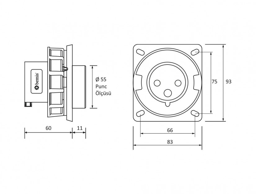 Phích cắm âm IP67 BEMIS, 3x32A (2P+E), 220V 50/60 Hz, 6h