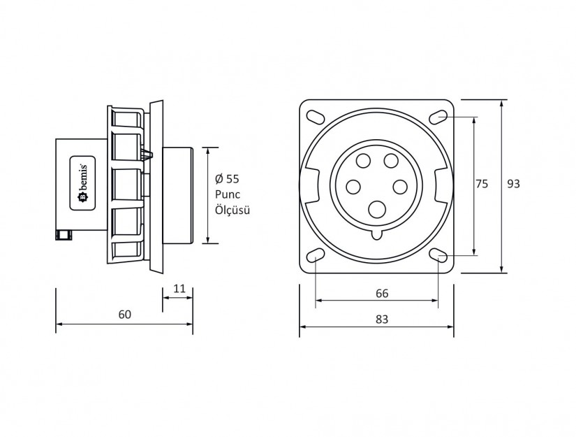 Phích cắm âm IP67 BEMIS, 5x16A (3P+N+E), 380V 50/60 Hz, 6h