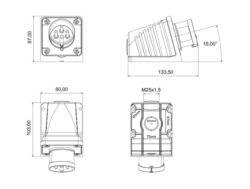 Phích cắm nổi bẻ góc 90° IP44 BEMIS, 4x16A (3P+E), 380V 50/60 Hz, 6h