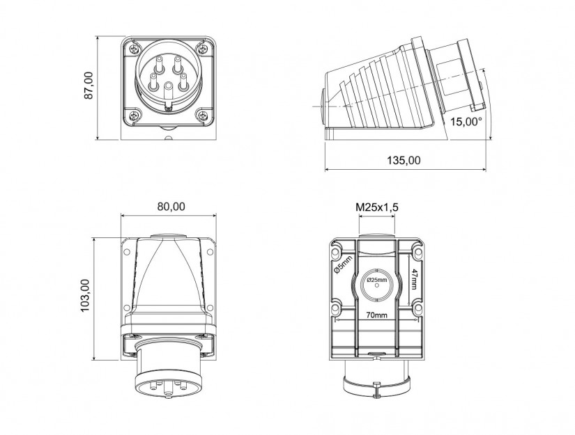 Phích cắm nổi bẻ góc 90° IP44 BEMIS, 5x16A (3P+N+E), 380V 50/60 Hz, 6h