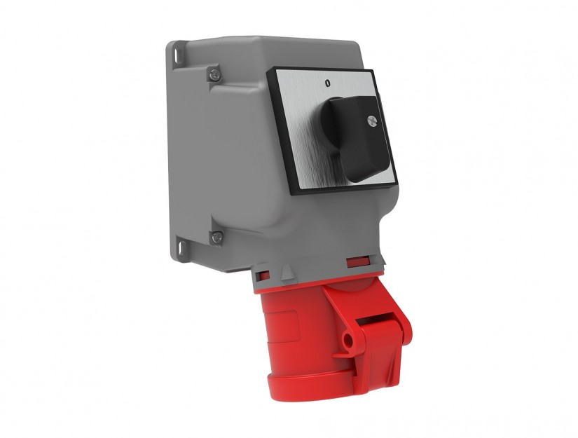 Ổ cắm nổi bẻ góc 90° có công tắc và nắp đậy IP44 BEMIS, 4x32A (3P+E), 380V 50/60 Hz, 6h