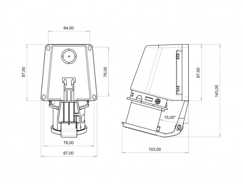 Phích cắm nổi bẻ góc 90° có nắp đậy IP44 BEMIS, 4x16A (3P+E), 380V 50/60 Hz, 6h