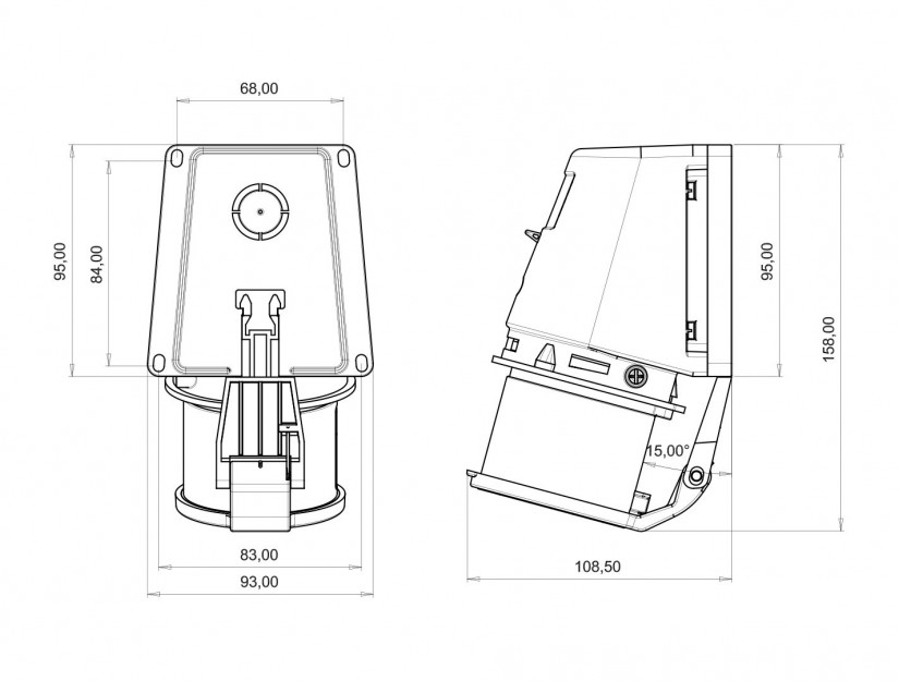 Phích cắm nổi bẻ góc 90° có nắp đậy IP44 BEMIS, 4x32A (3P+E), 380V 50/60 Hz, 6h