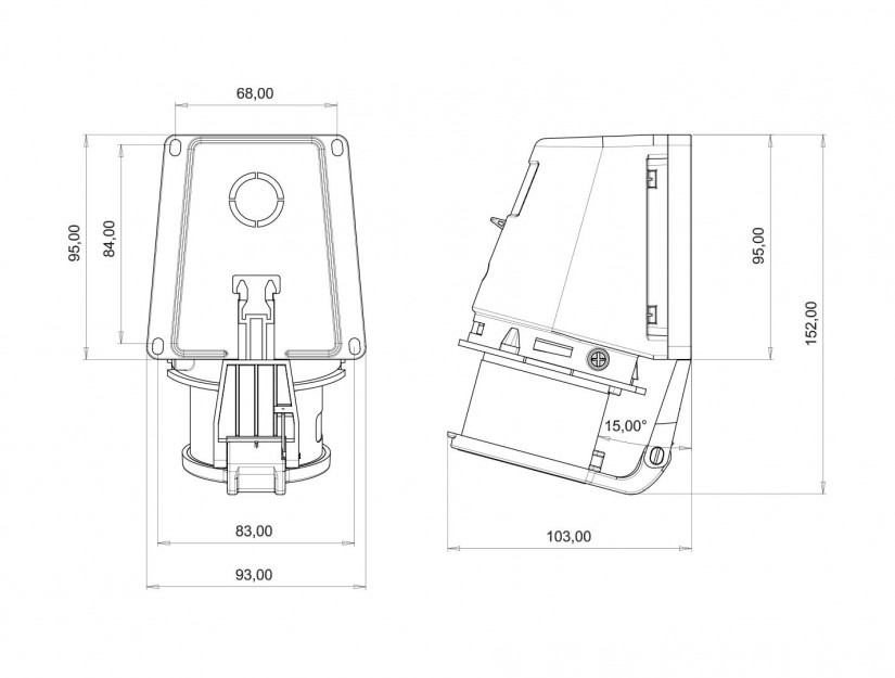 Phích cắm nổi bẻ góc 90° có nắp đậy IP44 BEMIS, 5x16A (3P+N+E), 380V 50/60 Hz, 6h