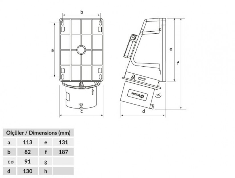 Phích cắm nổi bẻ góc 90° có ổ cắm phụ IP44 BEMIS, 4x32A (3P+E), 380V 50/60 Hz, 6h