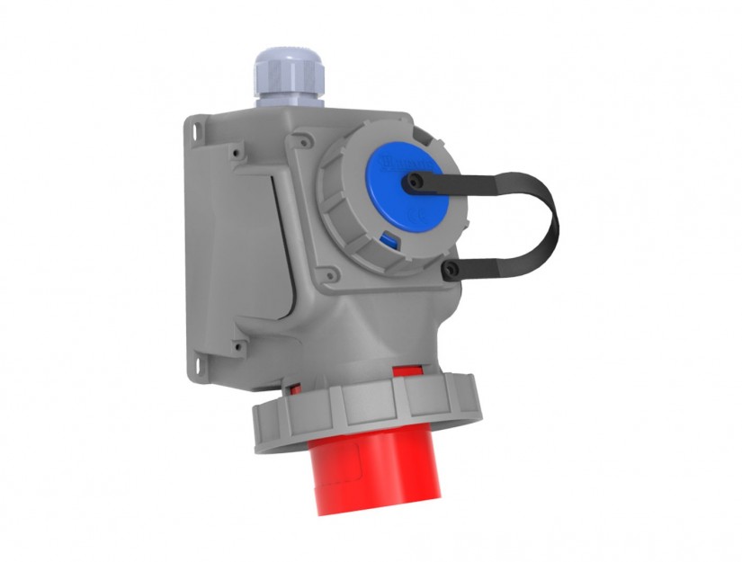 Phích cắm nổi bẻ góc 90° có ổ cắm phụ IP67 BEMIS, 4x32A (3P+E), 380V 50/60 Hz, 6h