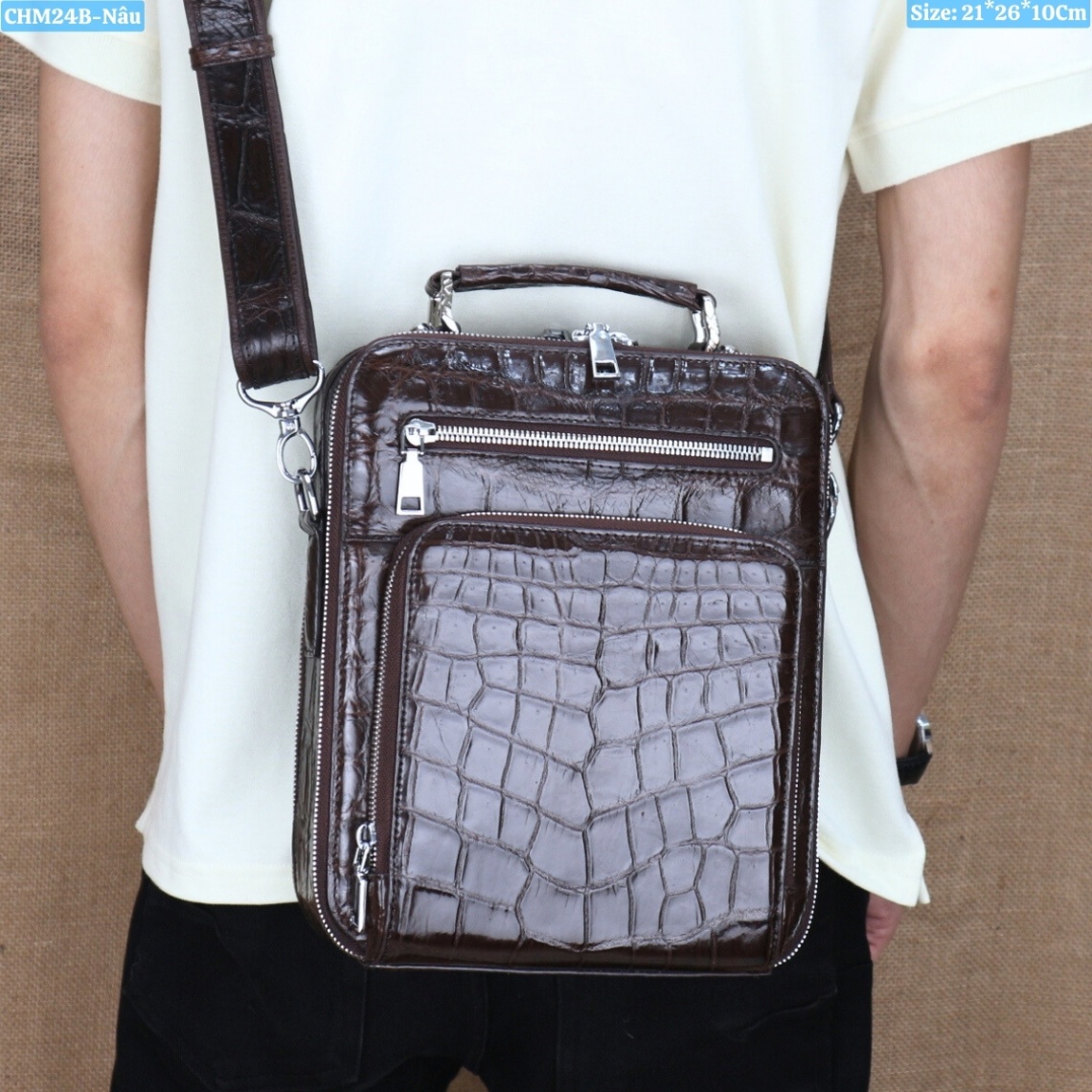 Túi Đeo Chéo Nam Có Tay Xách Da Cá Sấu Vân Bụng - Size 21*26*10Cm