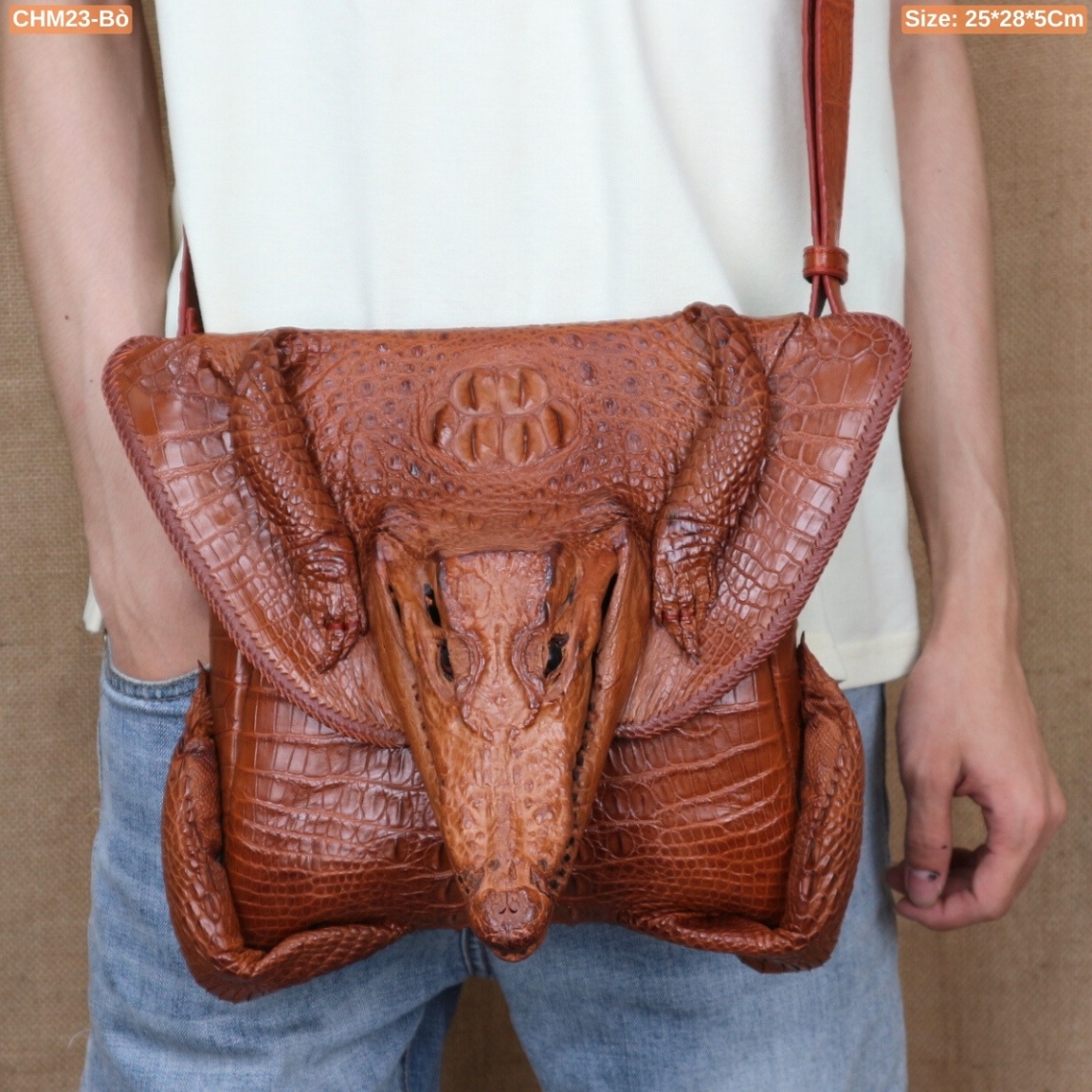 Túi Đeo Chéo Nam Da Cá Sấu Nguyên Con Có Đầu-Size 25-28-5Cm