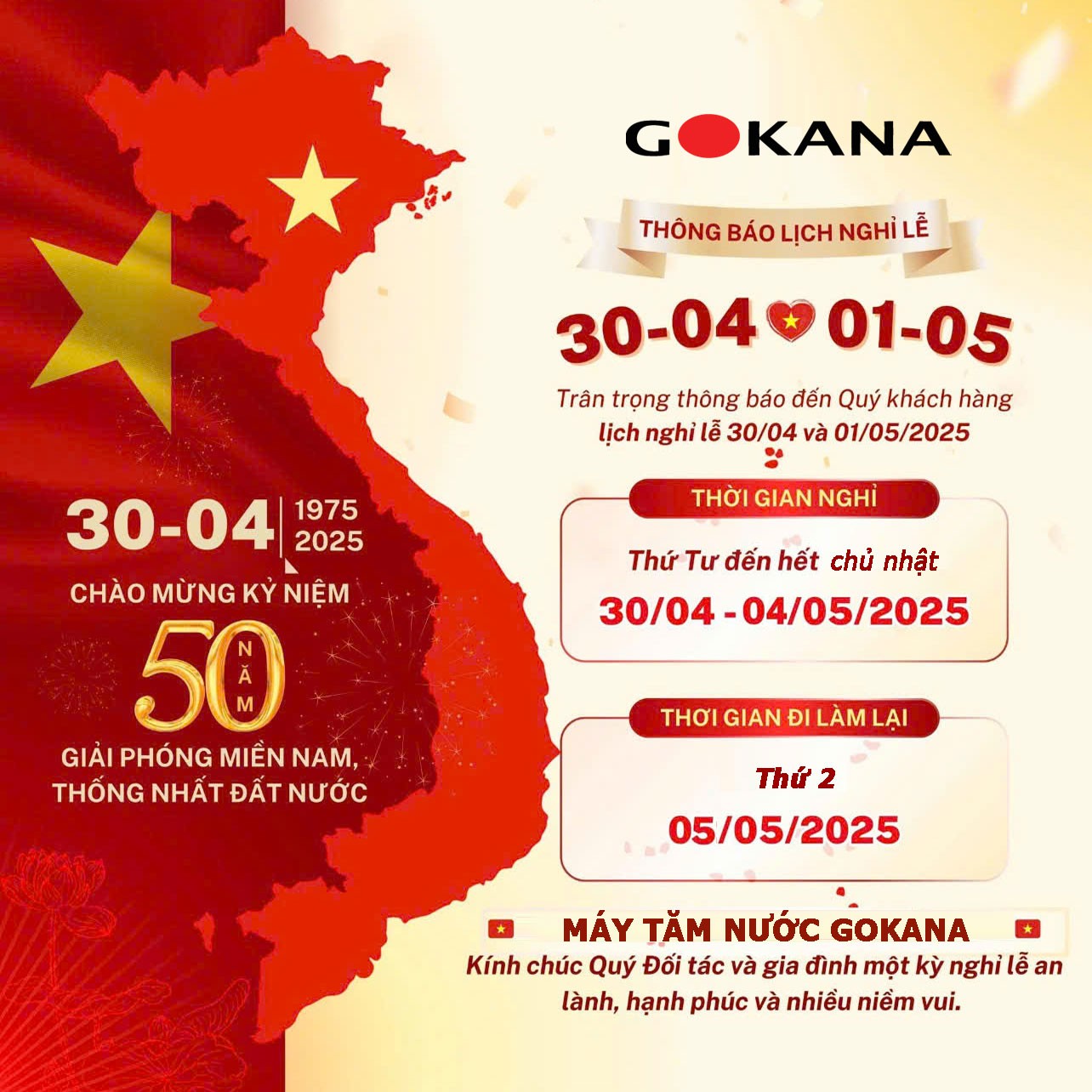 LỊCH NGHỈ LỄ 30/4 VÀ 1/5