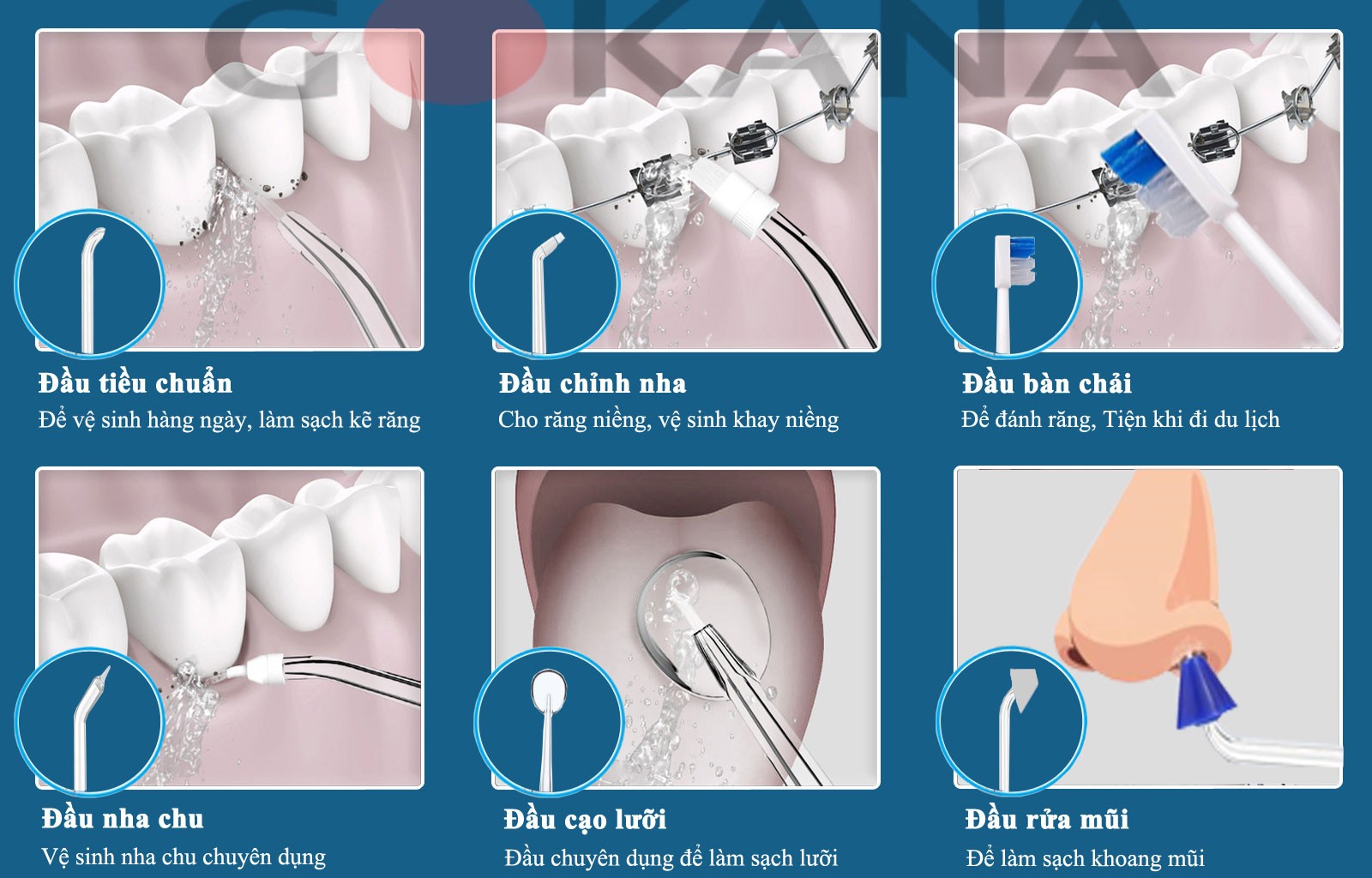 Công dụng các đầu phun của máy tăm nước Gokana - Có tới 6 đầu phun