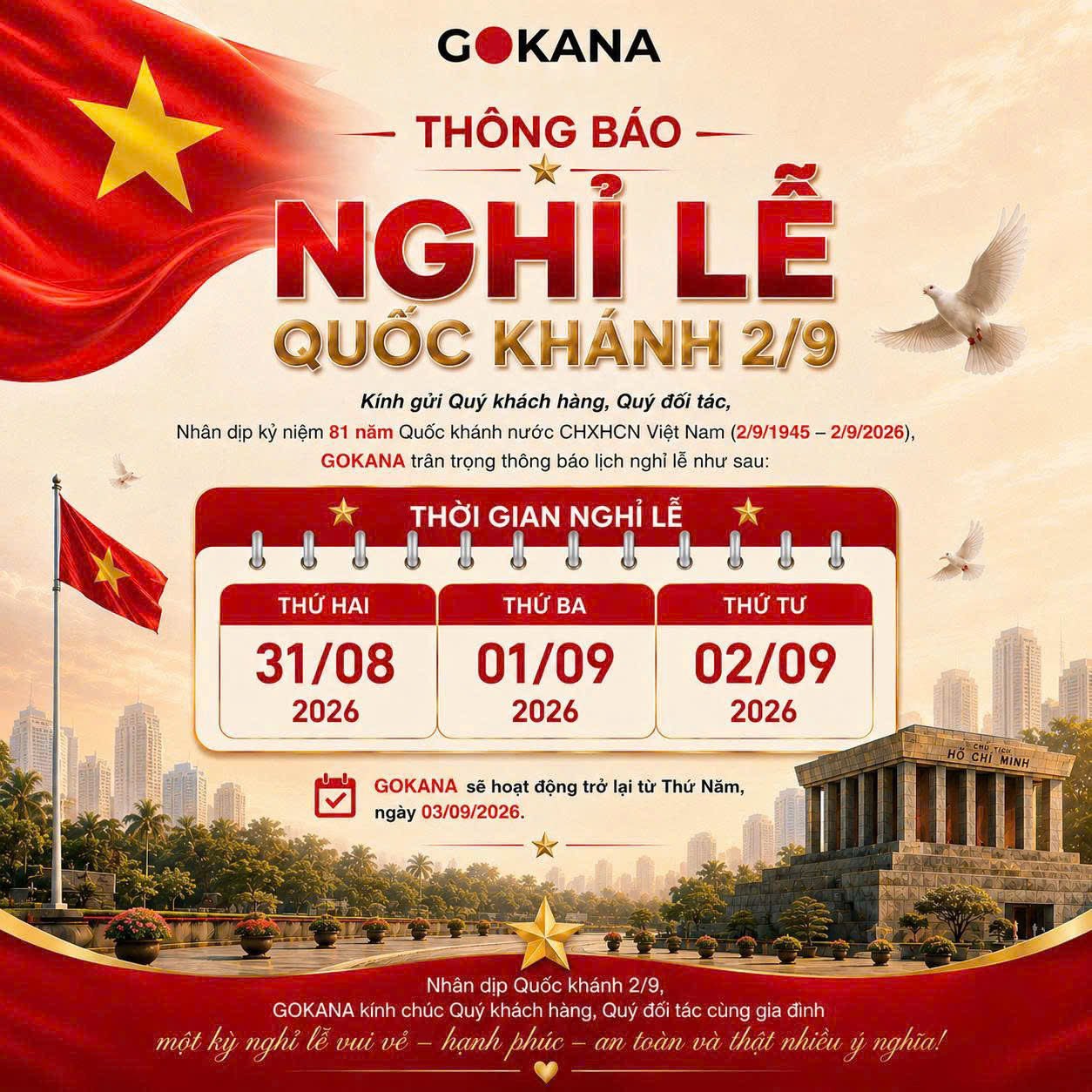 MÁY TĂM NƯỚC GOKANA - THÔNG BÁO LỊCH NGHỈ LỄ QUỐC KHÁNH 2/9