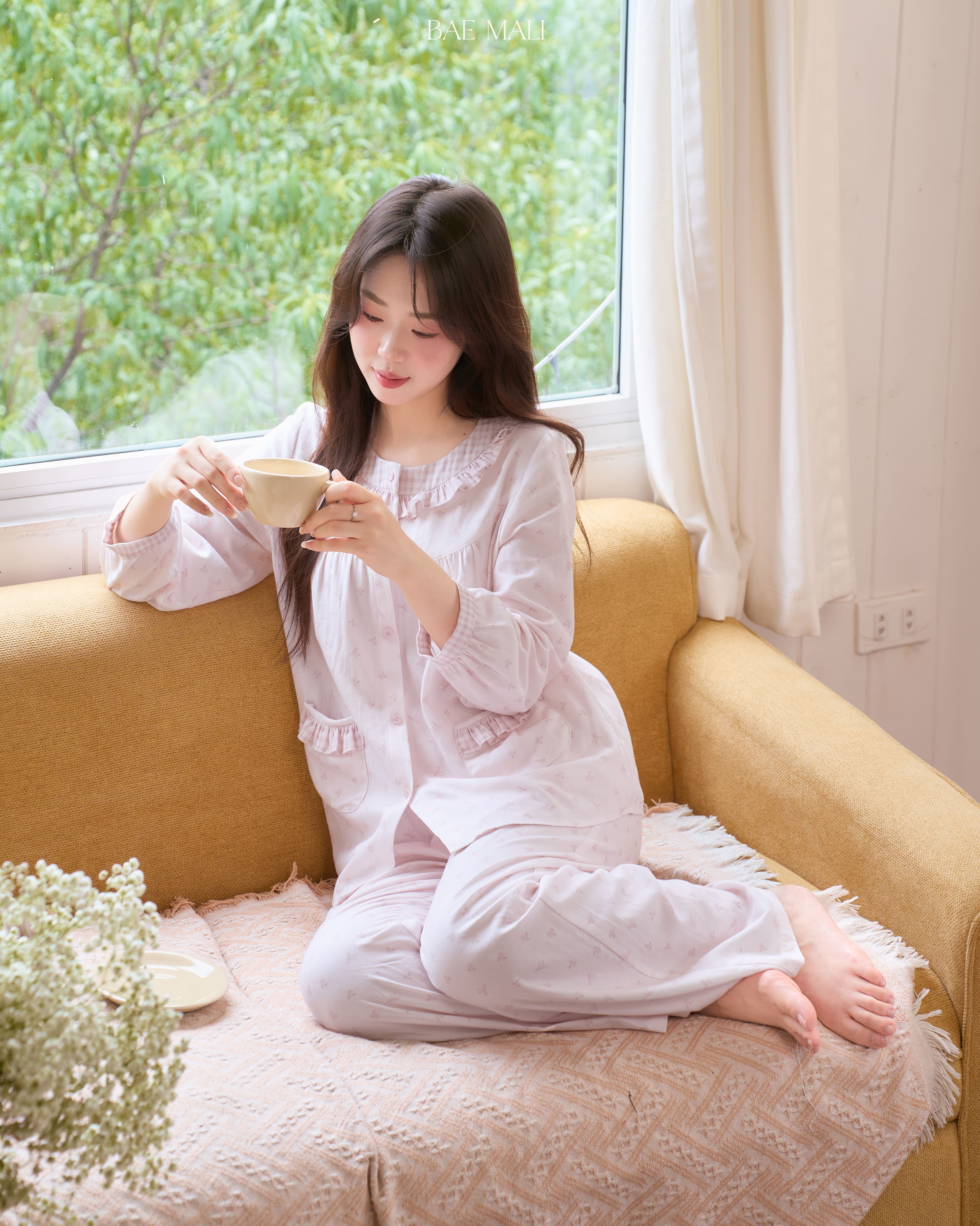 SP1012 Bộ mặc nhà thô hoa phối bèo dài tay