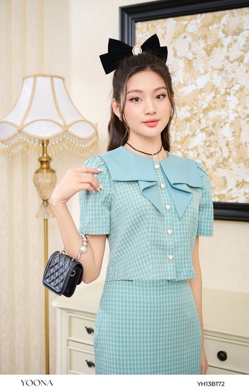 YH13B172 - Bộ twill silk kẻ caro xanh