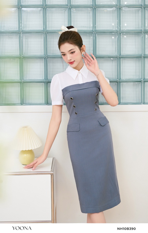 NH10B390- Đầm twill silk phối voan