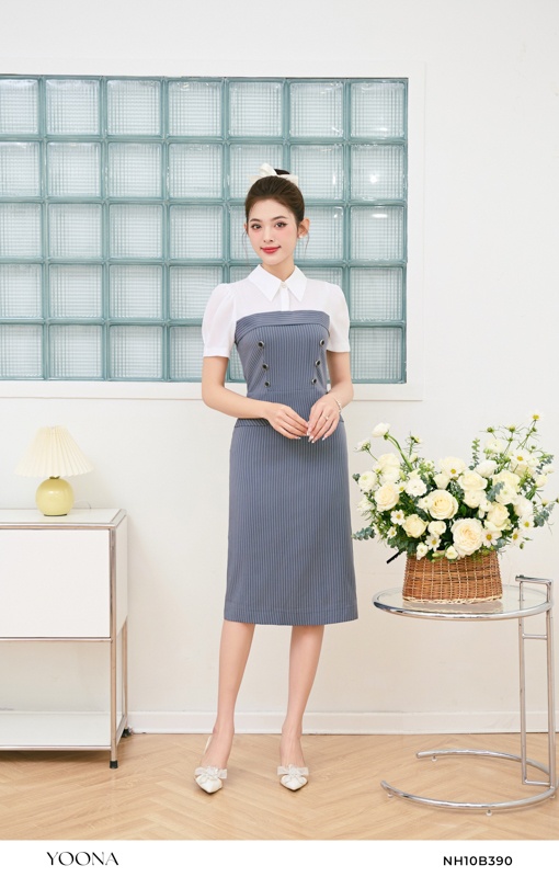 NH10B390- Đầm twill silk phối voan