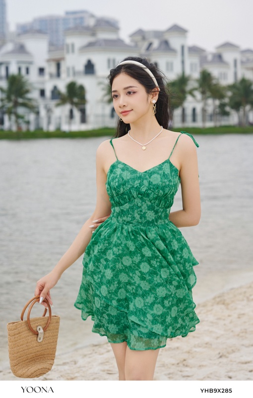 YHB9X285 - Đầm tơ hoa 3D