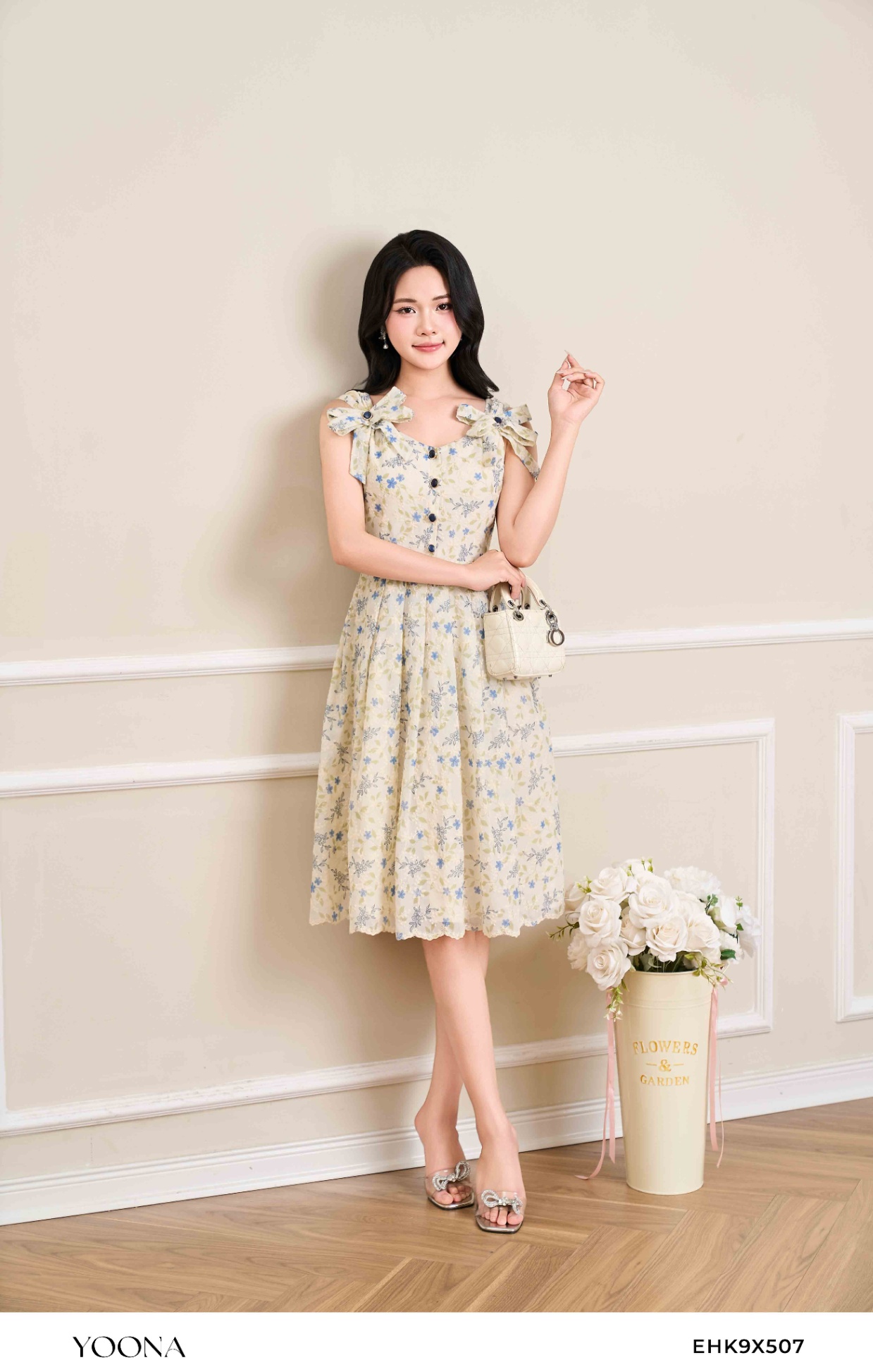 EHK9X507 - Đầm thô hoa xanh