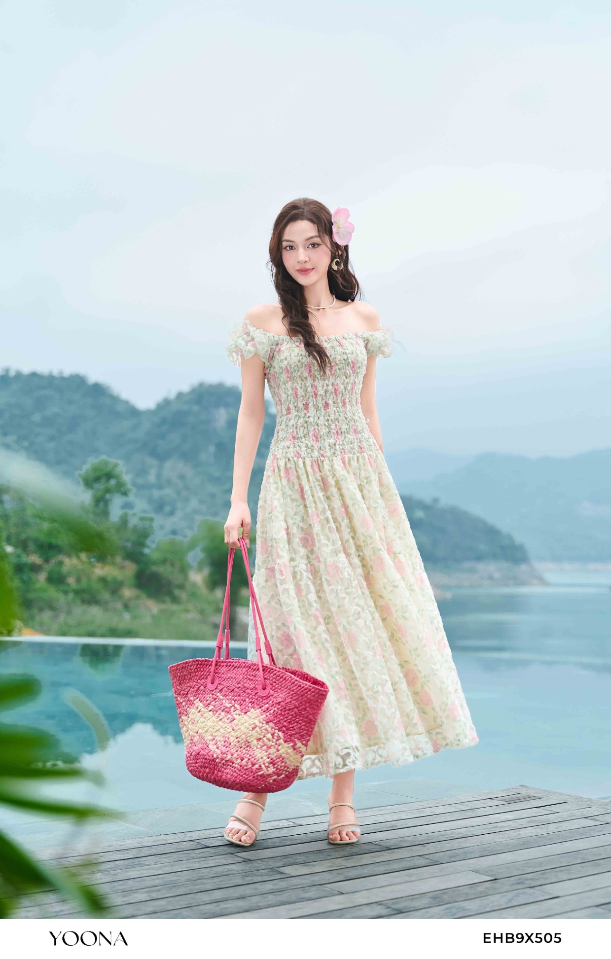 EHB9X505 - Đầm ren lưới in hoa 3D