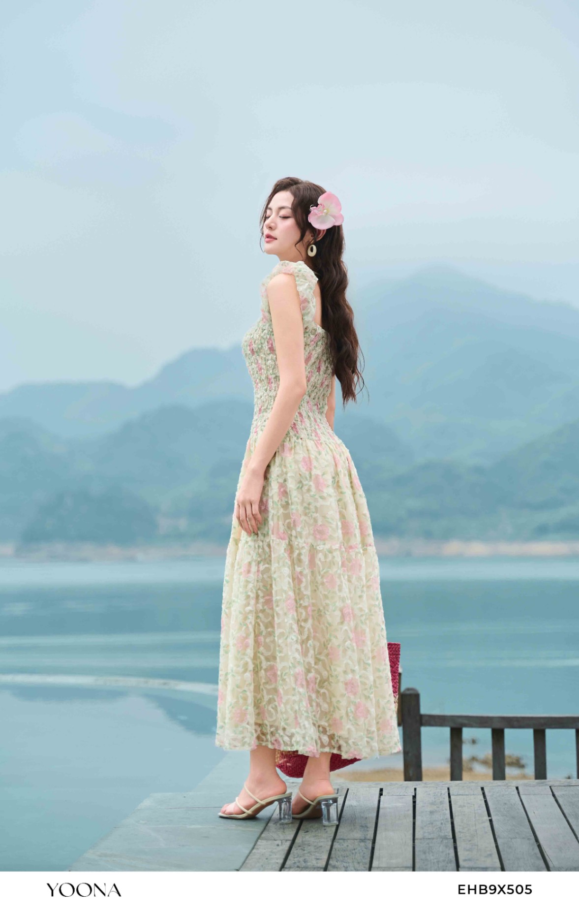 EHB9X505 - Đầm ren lưới in hoa 3D