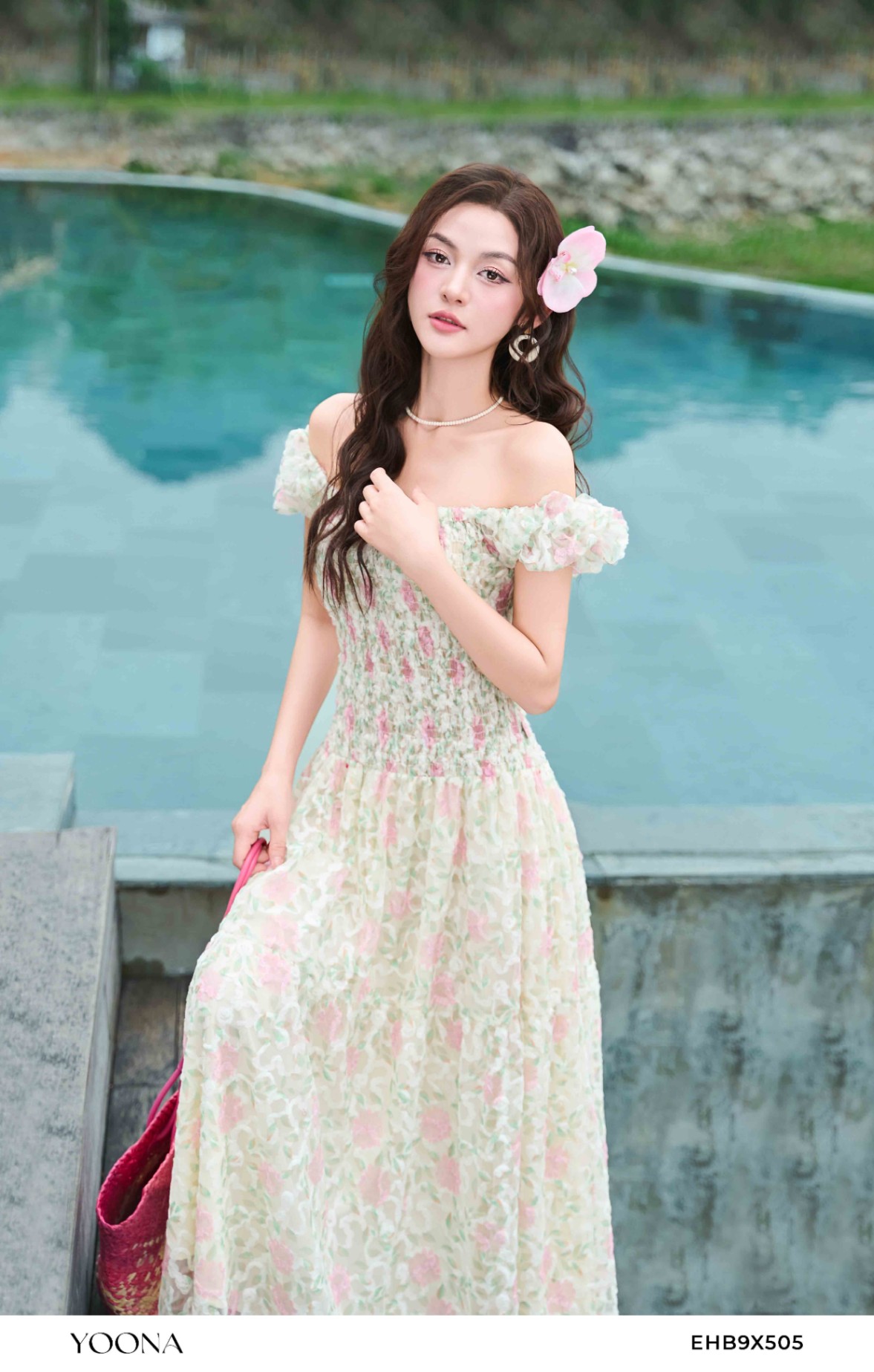 EHB9X505 - Đầm ren lưới in hoa 3D