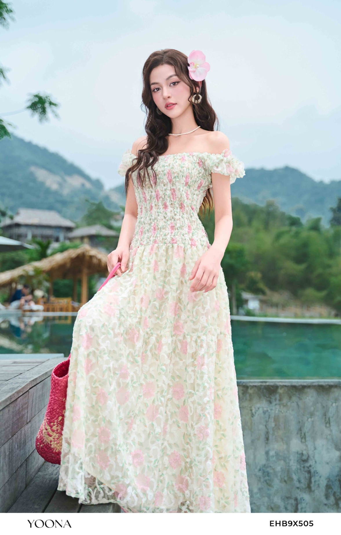 EHB9X505 - Đầm ren lưới in hoa 3D