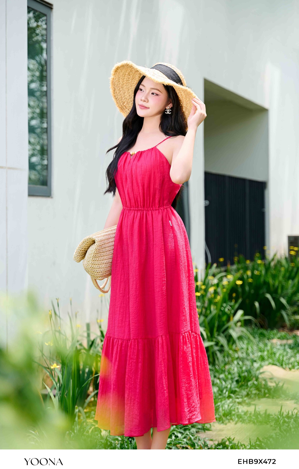 EHB9X472 - Đầm tơ nhăn kẻ