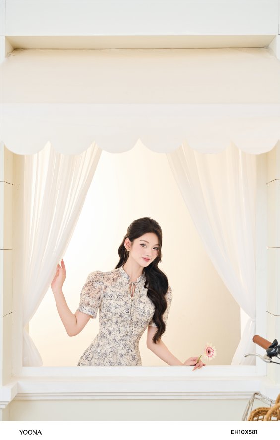 EH10X581 - Đầm tơ in hoa hồng đen