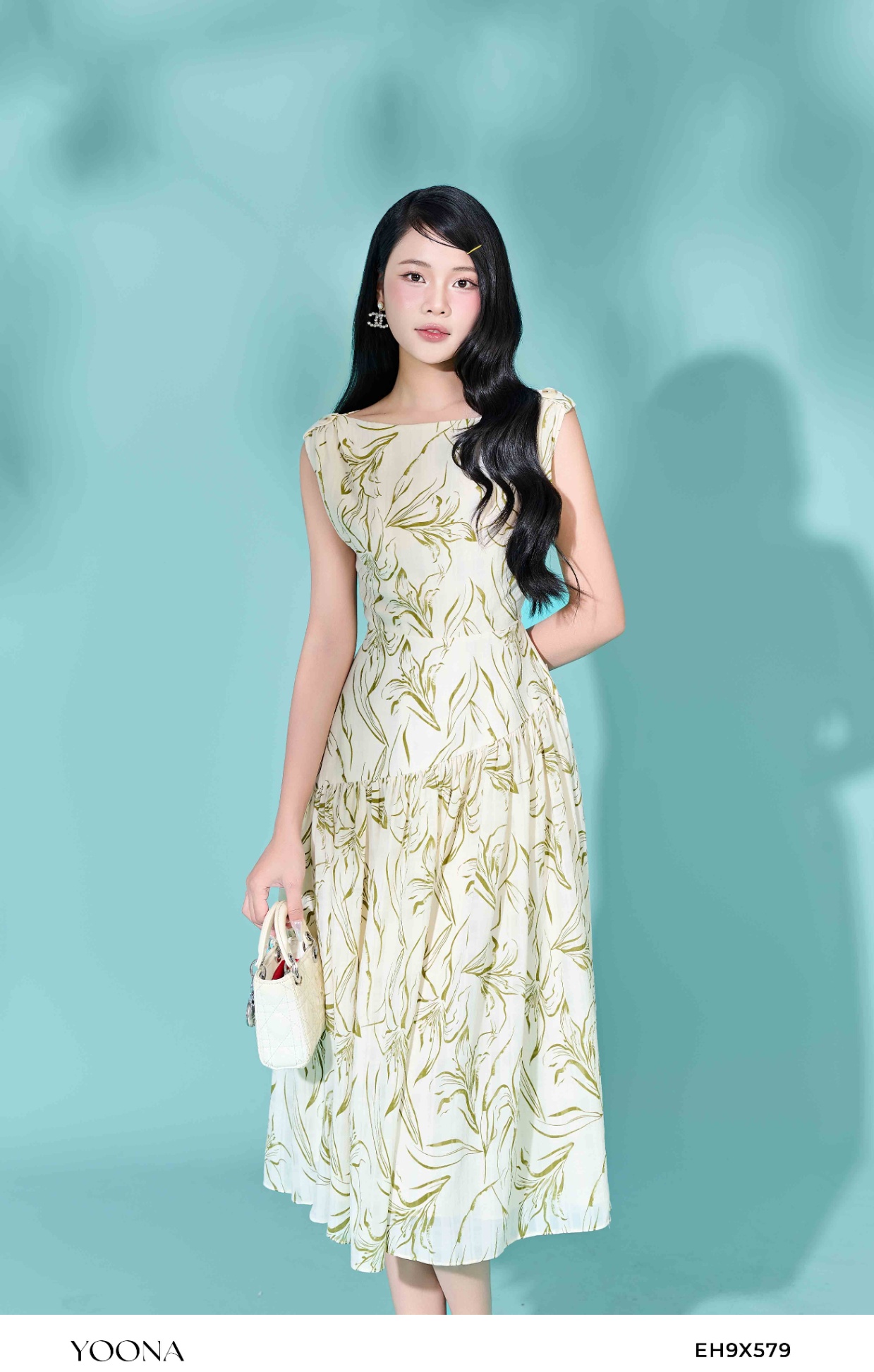 EH9X579 - Đầm tơ hoa xanh