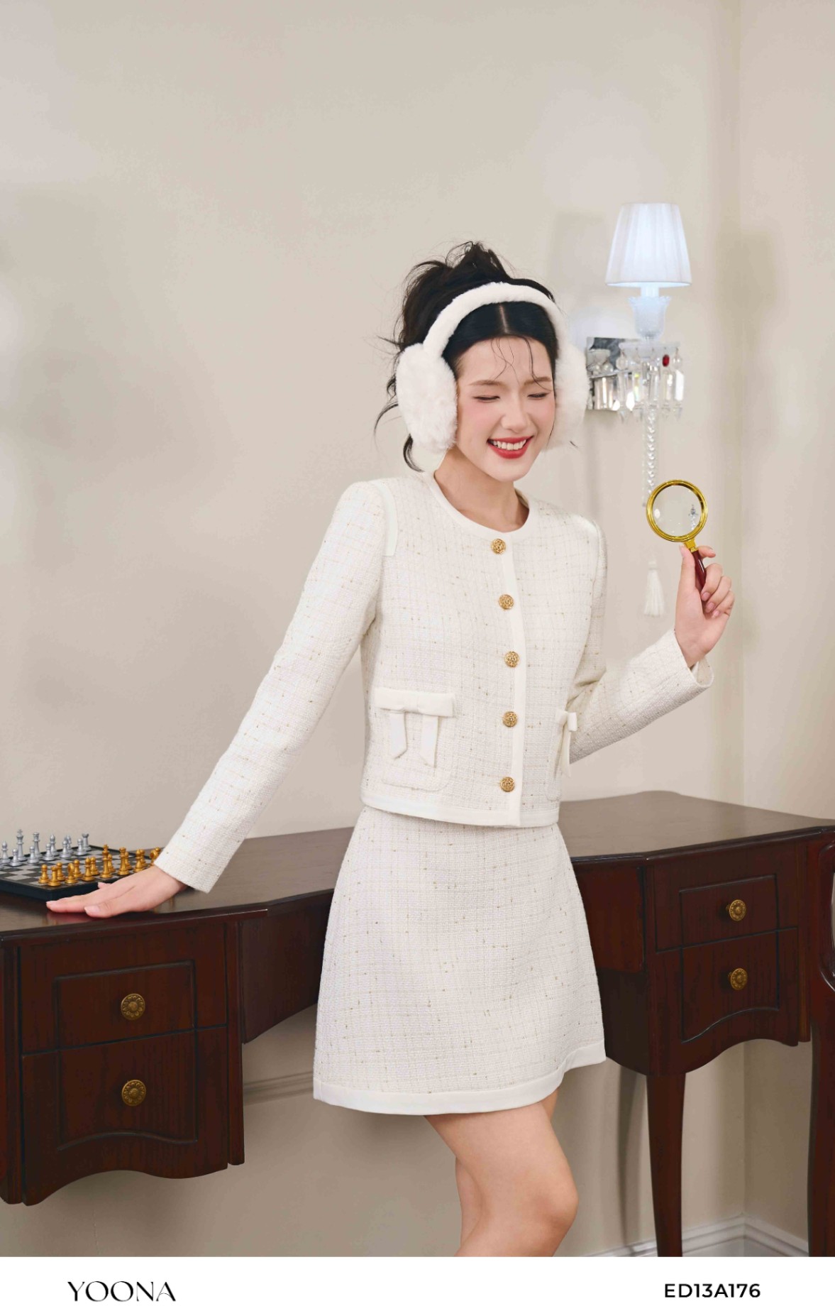 ED13A176 - Bộ dạ tweed kẻ kim tuyến