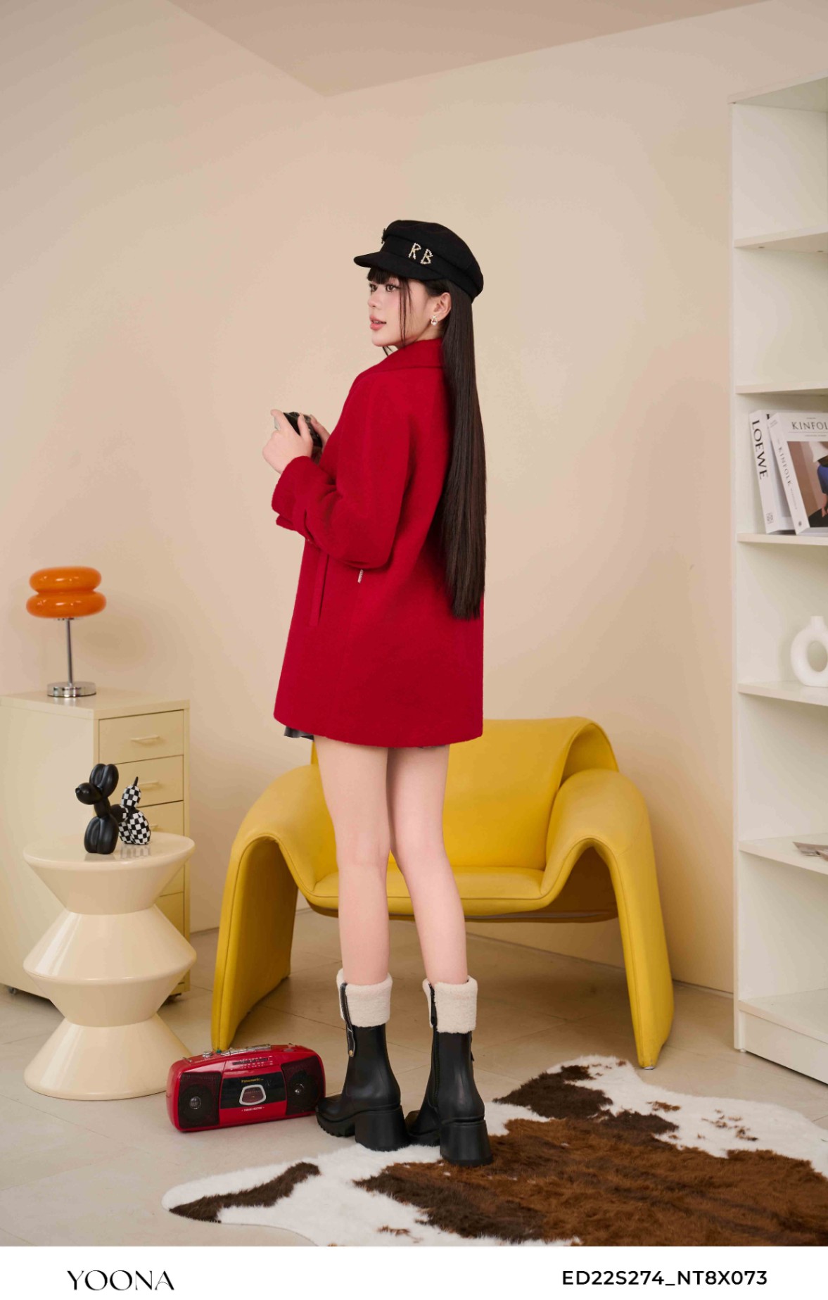 ED22S274 - Áo măng tô dạ lông cừu - L - Đỏ đô