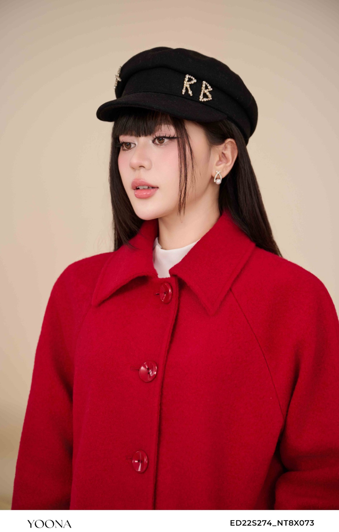 ED22S274 - Áo măng tô dạ lông cừu - M - Đỏ đô