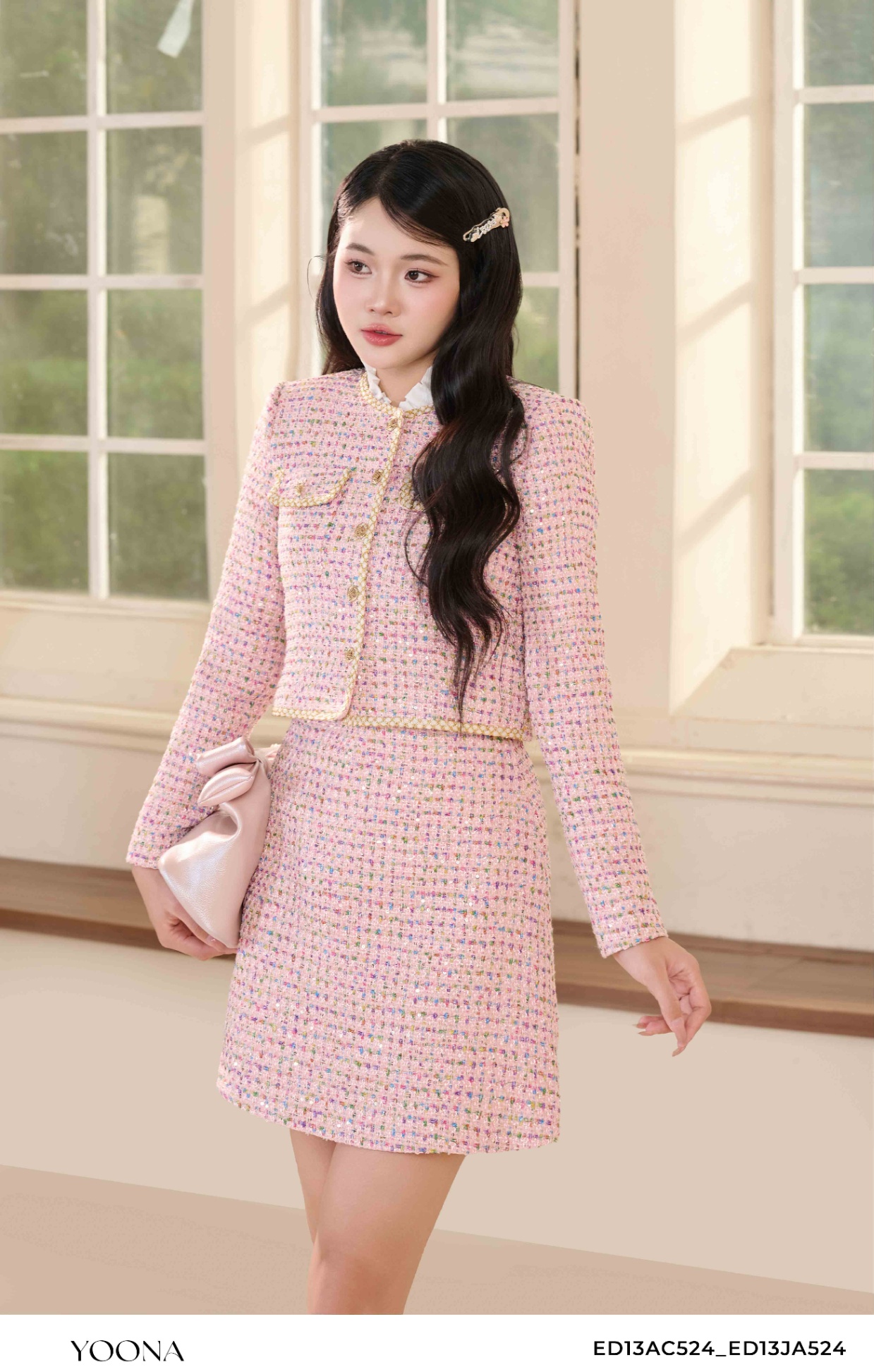 ED13AC524 - Sét bộ dạ tweed kẻ kim tuyến