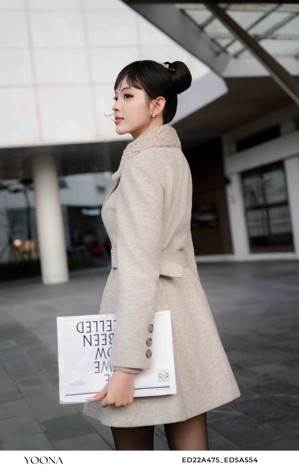 ED22A475 - Áo măng tô dạ len họa tiết - L - Be Đậm