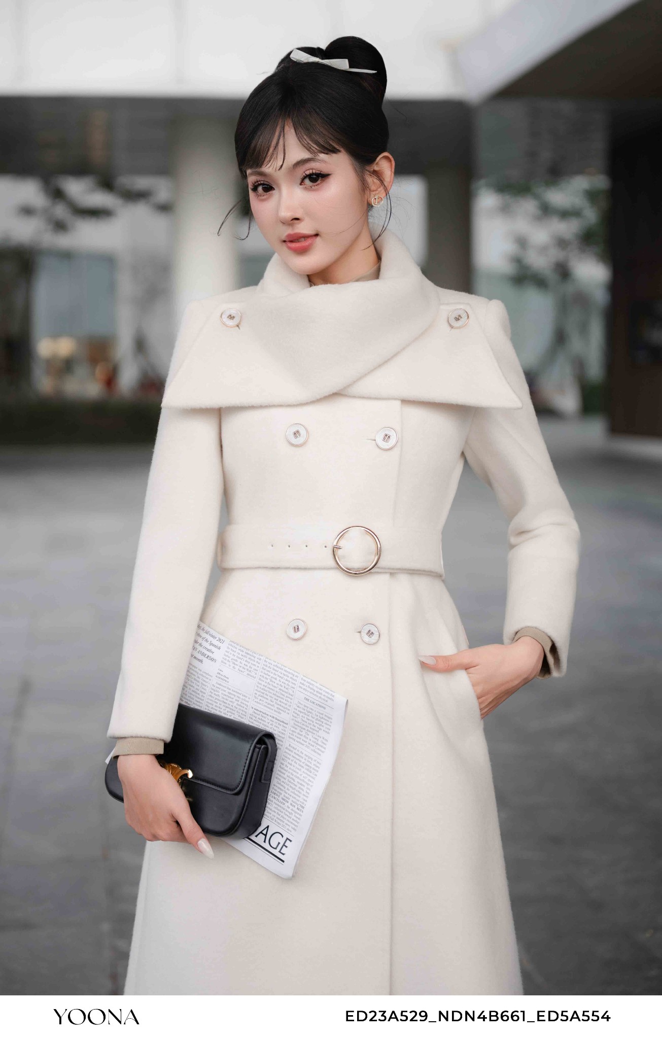 ED23A529 - Áo măng tô dạ len lông thỏ - M - Trắng kem