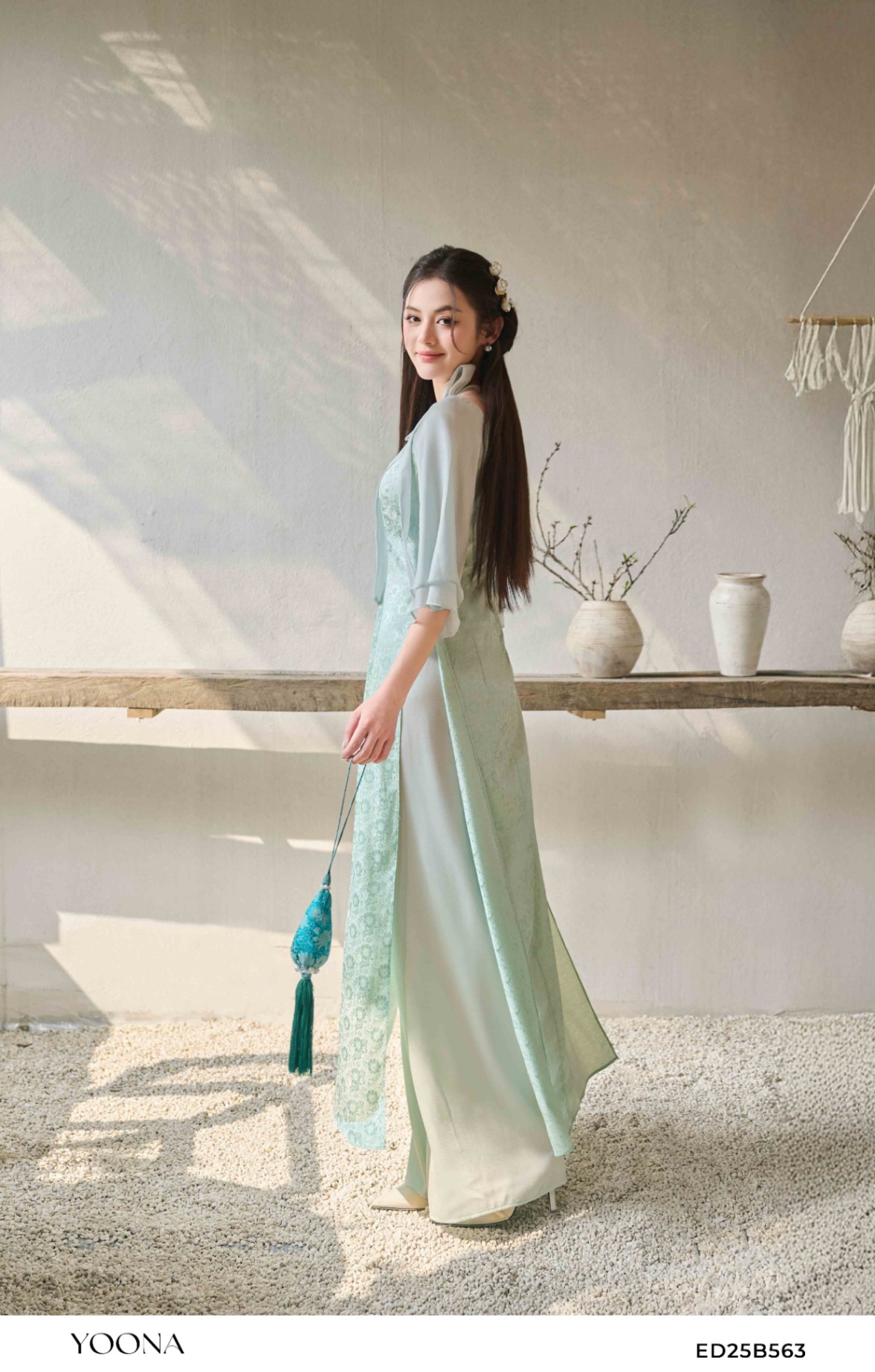 ED25B563 - Sét bộ áo dài lụa hoa cúc