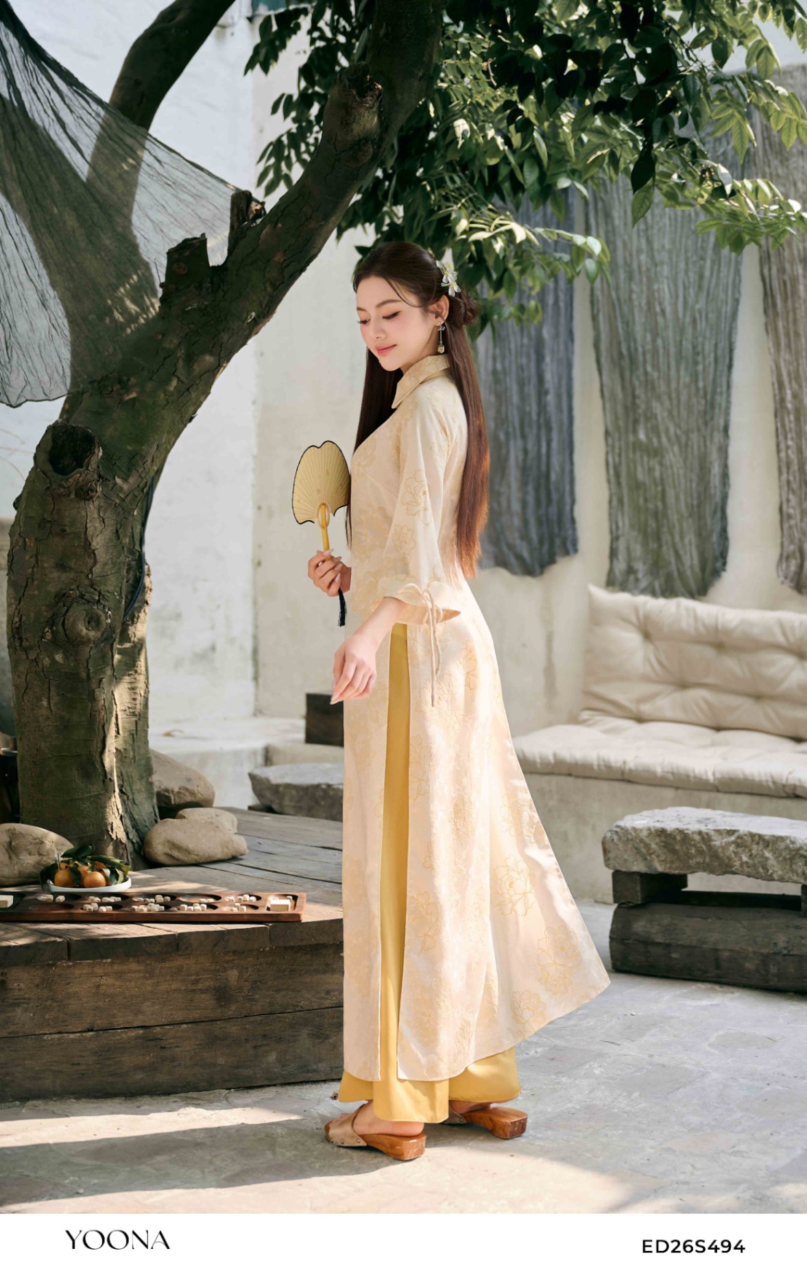 ED26S494 - Sét bộ áo dài lụa gấm in hoa nổi
