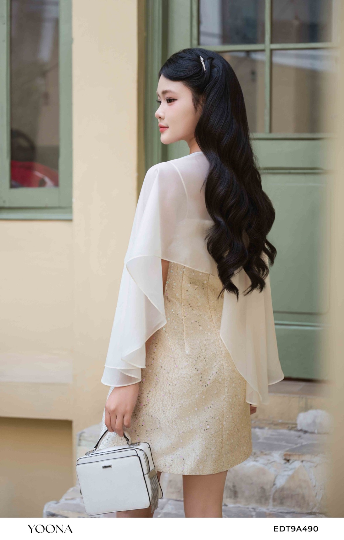 EDT9A490 - Đầm tafta lưới ánh nhũ
