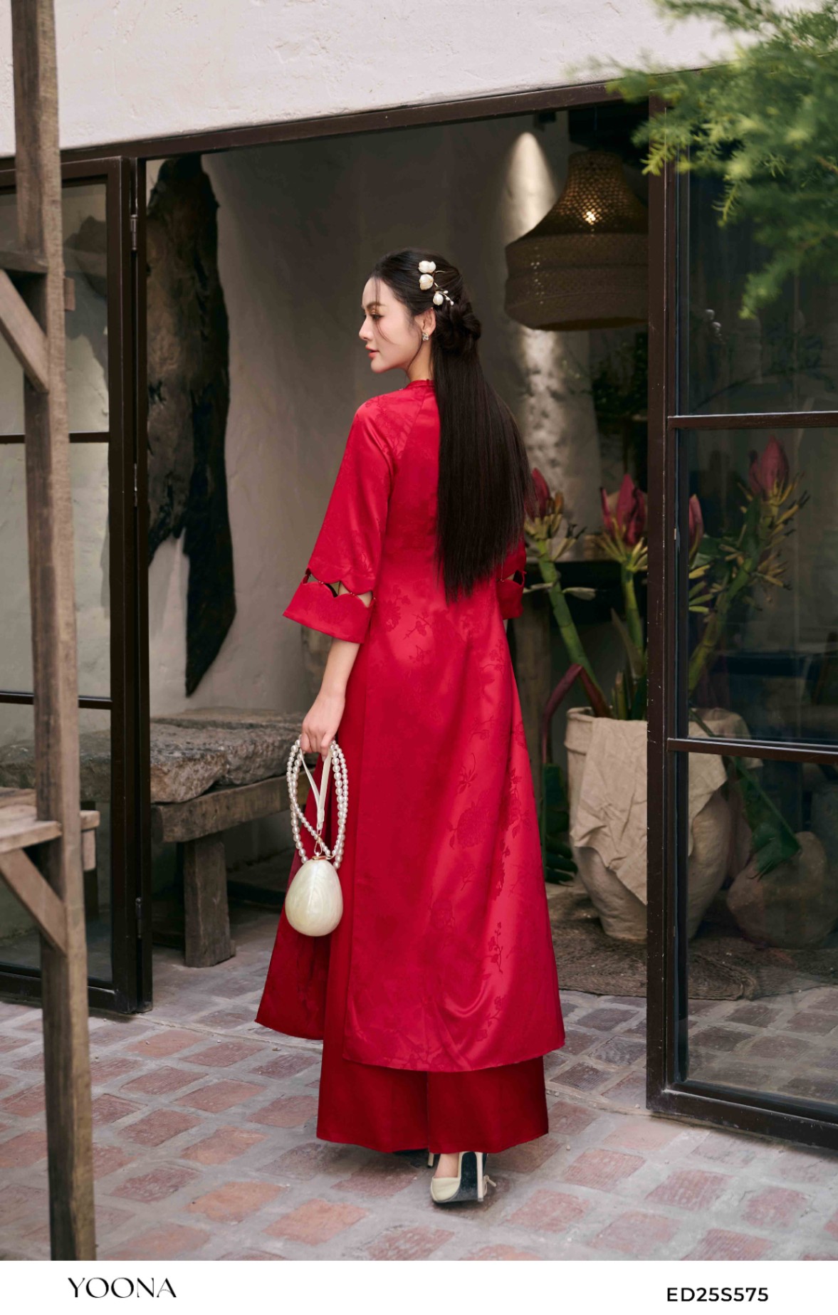 ED25S575 - Sét bộ áo dài lụa gấm thêu hoa