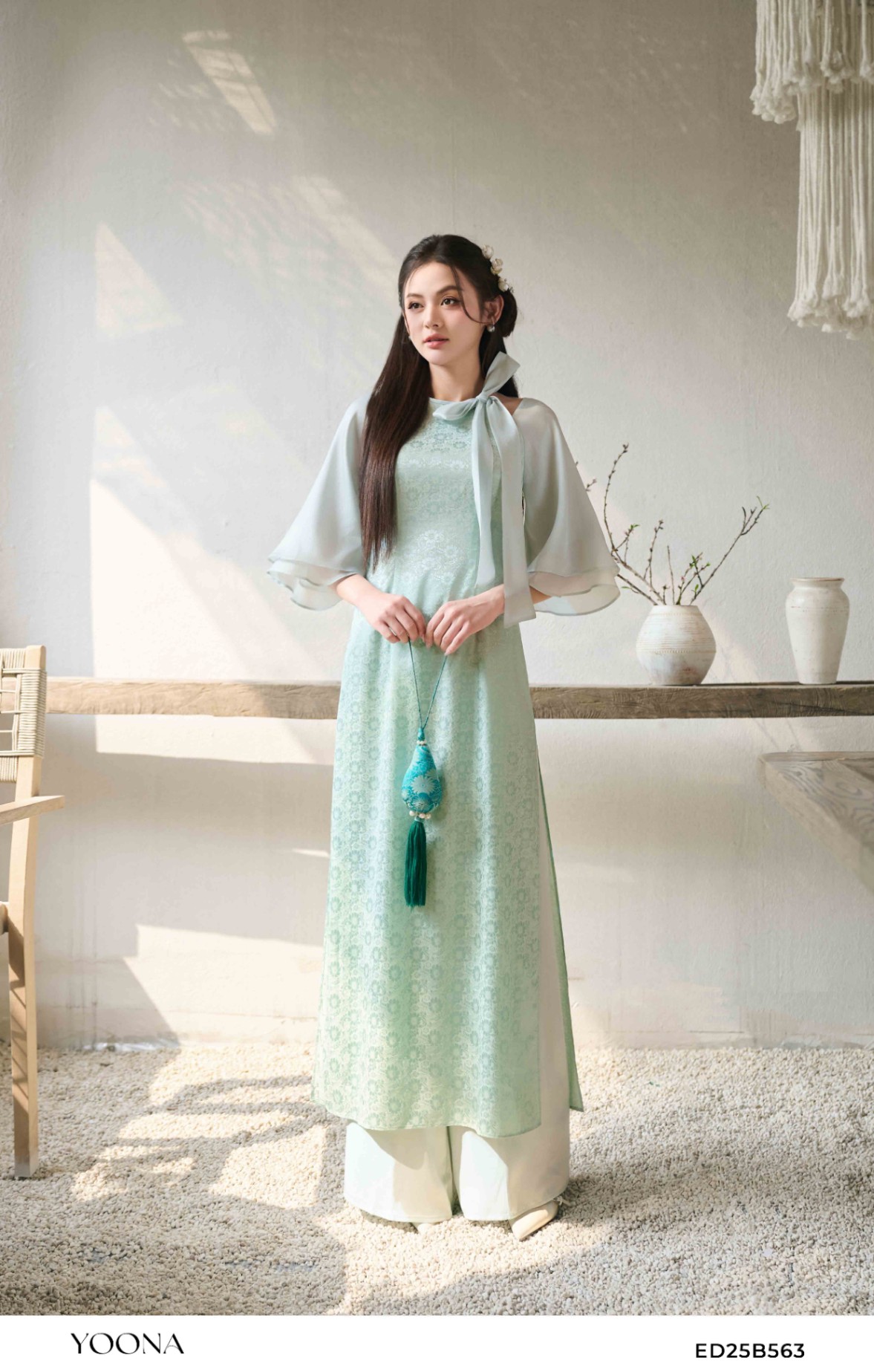 ED25B563 - Sét bộ áo dài lụa hoa cúc