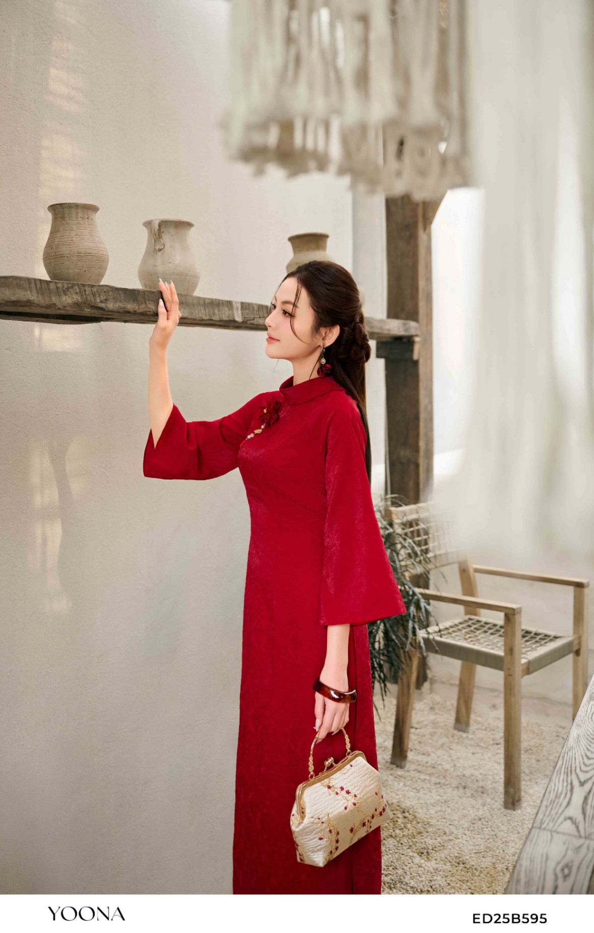ED25B595 - Sét bộ áo dài tơ vân ánh kim hoa